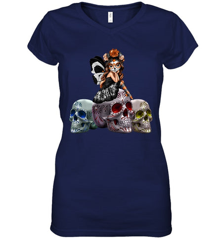 Colorful Skull Of Three Girls T-Shirt - Guys Tee - Ladies V-Neck