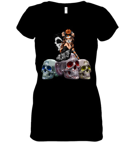 Colorful Skull Of Three Girls T-Shirt - Guys Tee - Ladies V-Neck