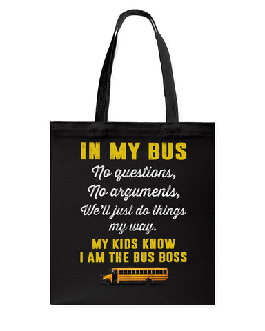 In My Bus I'm The Bus Boss Tote Bag - Guys Tee - Basketweave Tote Bag