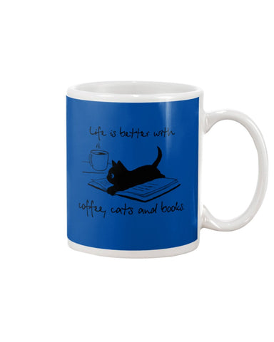 Life Is Better With Coffee, Cats And Books T-Shirt - Unisex Long Sleeve - Mug