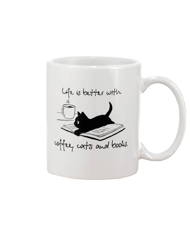 Life Is Better With Coffee, Cats And Books T-Shirt - Unisex Long Sleeve - Mug