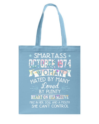 Smartass October 1974 Classic T-Shirt - Guys Tee - Basketweave Tote Bag