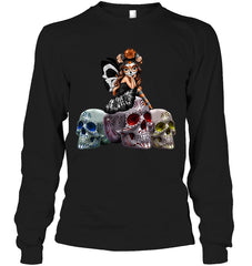 Colorful Skull Of Three Girls T-Shirt - Unisex Long Sleeve - Ladies Flowy Tank