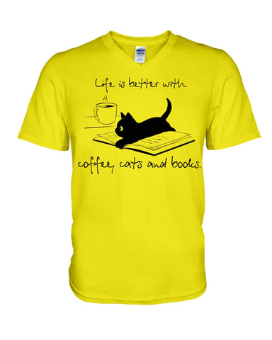 Life Is Better With Coffee, Cats And Books T-Shirt - Ladies Tee - Guys V-Neck