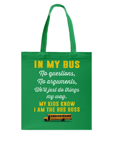 In My Bus I'm The Bus Boss Tote Bag - Guys Tee - Basketweave Tote Bag