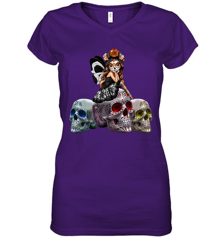 Colorful Skull Of Three Girls T-Shirt - Guys Tee - Ladies V-Neck