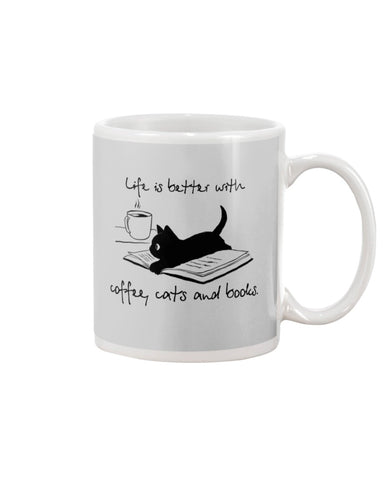 Life Is Better With Coffee, Cats And Books T-Shirt - Unisex Long Sleeve - Mug