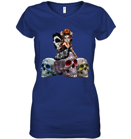 Colorful Skull Of Three Girls T-Shirt - Guys Tee - Ladies V-Neck