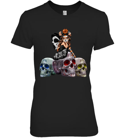 Colorful Skull Of Three Girls T-Shirt - Ladies Tee - Youth Tee