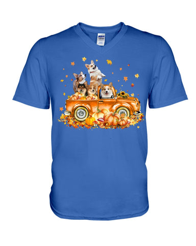 Dogs Reunion On Pumpkin Car T-Shirt - Guys V-Neck - Basketweave Tote Bag