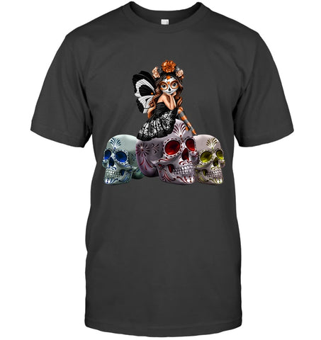 Colorful Skull Of Three Girls T-Shirt - Guys Tee - Ladies V-Neck