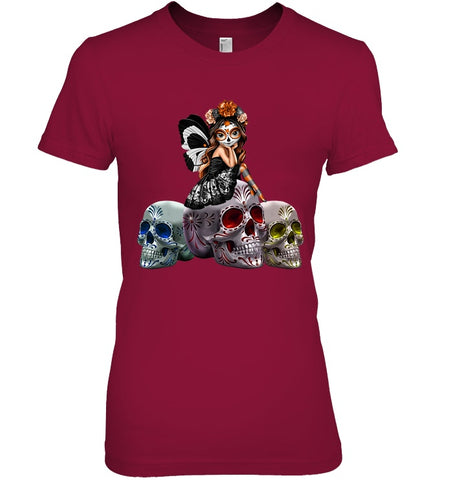 Colorful Skull Of Three Girls T-Shirt - Ladies Tee - Youth Tee