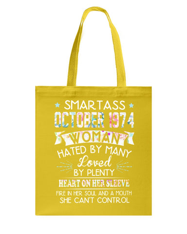 Smartass October 1974 Classic T-Shirt - Guys Tee - Basketweave Tote Bag